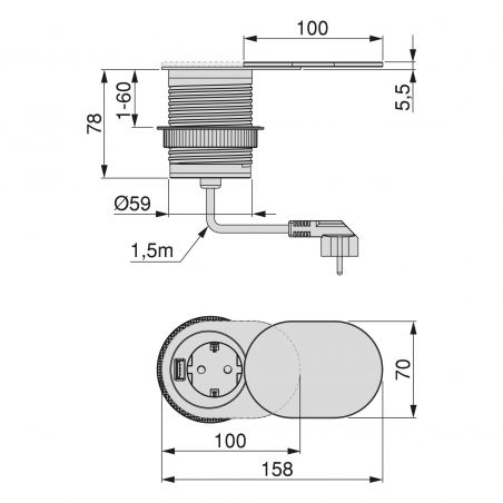 Multiconnecteur Vertikal Flat Ø 60 mm avec couvercle coulissant, 1 prise + 1 USB, Inox