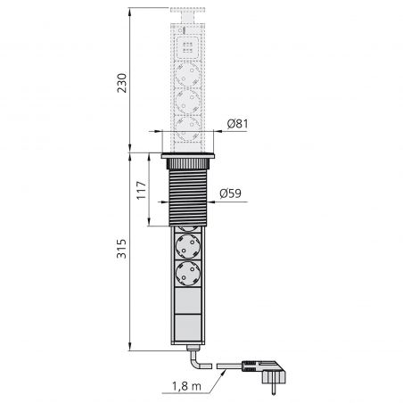 Multiconnecteur escamotable Vertikal Ø 60 mm, 3 prises + 2 USB, Blanc