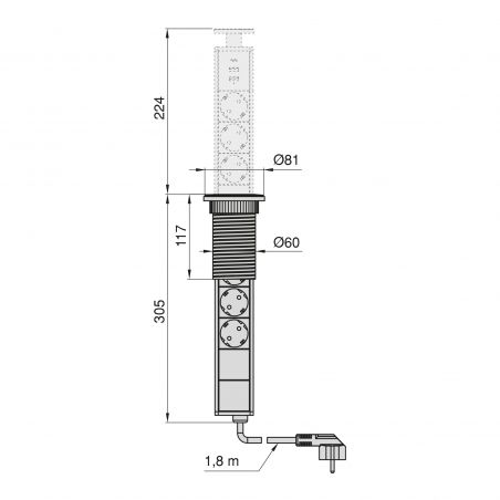 Multiconnecteur escamotable Vertikal Ø 60 mm, 3 prises + 3 USB, Aluminium