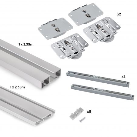 Kit de ferrures Flow pour placard 2 portes coulissantes avec rails de surface 2,35m, panneaux non inclus, Anodisé mat