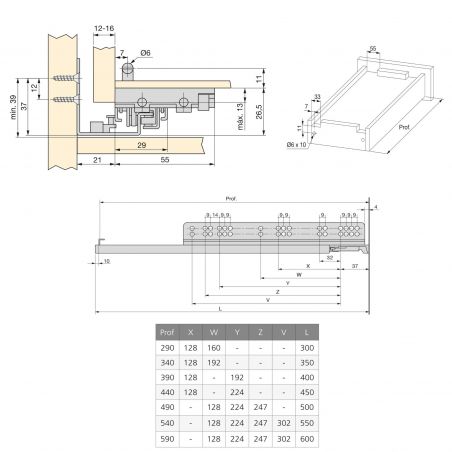 Coulisses invisibles Slippe pour tiroirs à sortie totale avec fermeture amortie et crochet, profondeur 440mm, Zingué