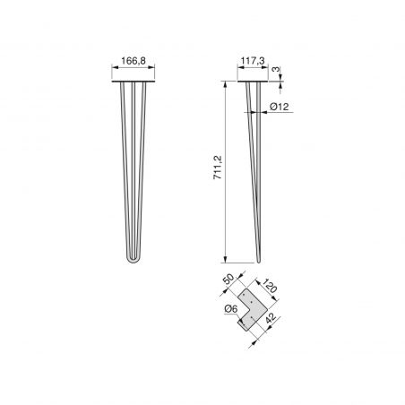 Lot de 4 pieds Hairpin 3 barres pour table, hauteur 710 mm, Blanc