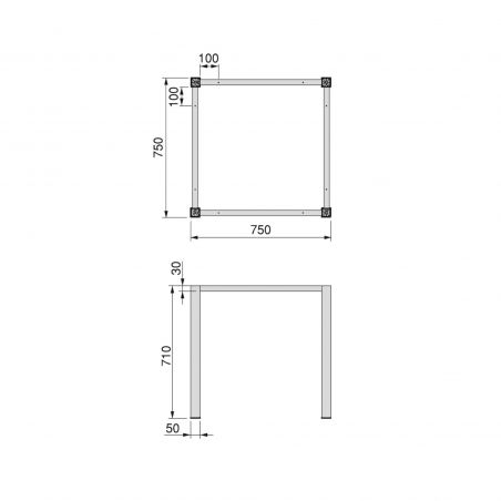 Piètement de table avec pieds carrés et cadre 750 x 750 mm, Noir