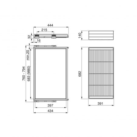 Kit panier à fils sur coulisses pour caisson de 800 mm, Gris