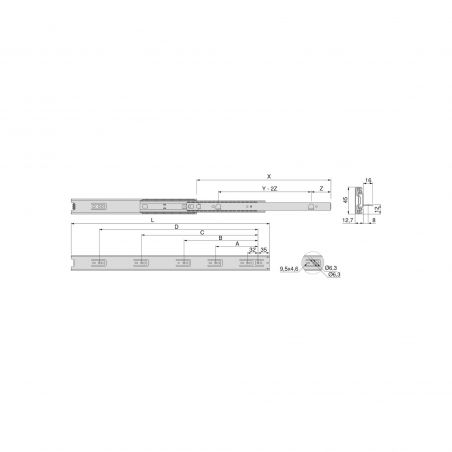 Jeu de coulisses roulement à billes, hauteur 45mm, profondeur 600mm, sortie totale avec supports, Zingué