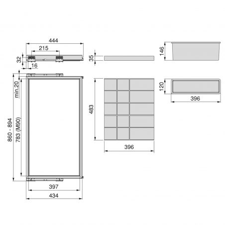 Kit organisateur de tiroir, plateau auxiliaire et cadre coulissant soft close pour armoires, pour caisson de 900mm, Noir