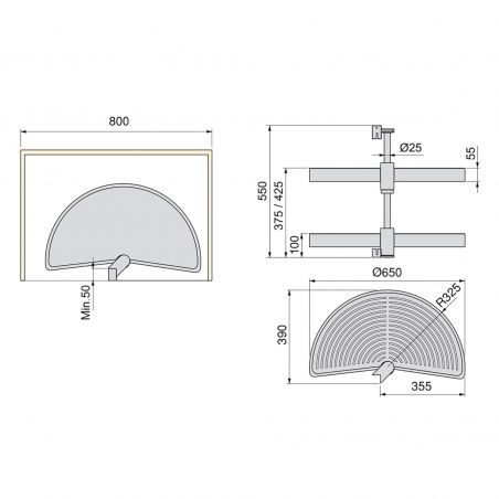 Tourniquet 1/2 lune Shelvo pour caisson de 800 mm, Gris