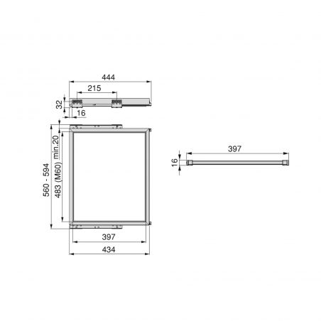 Kit porte pantalons 7 tringles sur coulisses pour caisson de 600mm, Noir