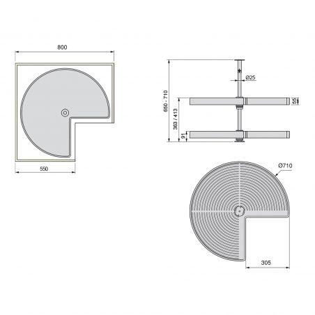 Tourniquet 3/4 Shelvo pour caisson de 800 mm, Gris