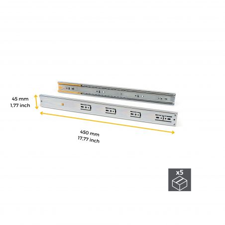 Lot de 5 jeux de coulisses roulement à billes, hauteur 45mm, profondeur 450mm, sortie totale, Zingué