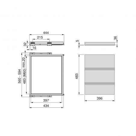 Kit plateau sur coulisses pour caisson de 600 mm, Noir