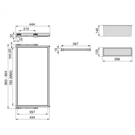 Kit porte pantalons 7 tringles sur coulisses avec 2 bacs de rangement pour caisson de 900 mm, gris