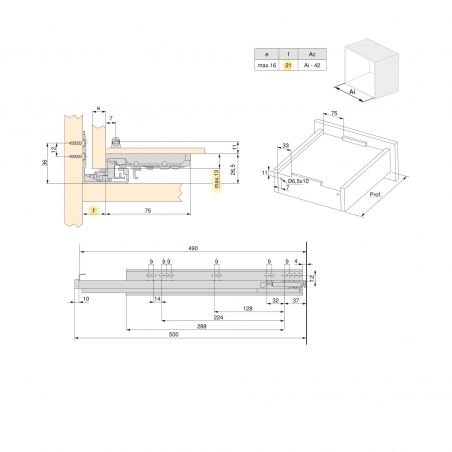 Lot de 10 coulisses invisibles Silver, profondeur 490mm, sortie totale, avec amortisseur