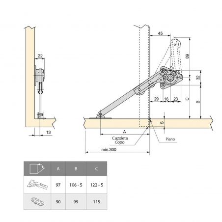 Jeu de 2 compas pour porte abattant NSDX, force 20-70kg, Nickelé