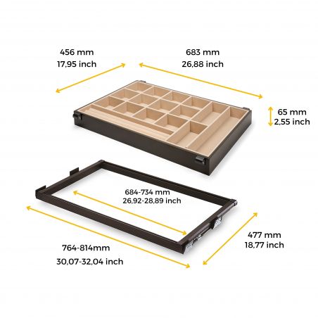 Kit tiroir organisateur et cadre coulissant, pour caisson de 800 mm, Moka