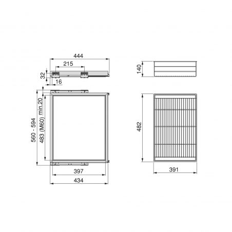 Kit panier à fils sur coulisses pour caisson de 600 mm, Noir