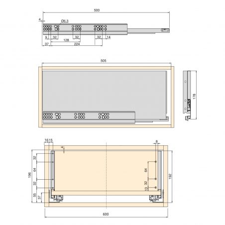 Tiroir Vertex 40 kg hauteur 178 mm, profondeur 500 mm avec panneaux inclus pour caisson de 600 mm, Blanc