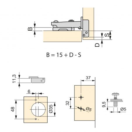 Lot de 20 charnières droite pour X91 avec fermeture souple et cales de montage mixtes, Diamètre 5x9.5mm, Hauteur 0, Nickelé