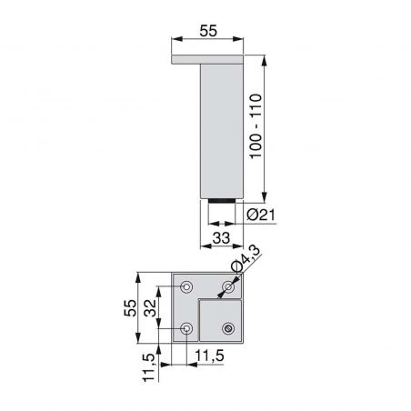 Lot de 4 pieds pour meuble, hauteur 100 - 110 mm, Chromé