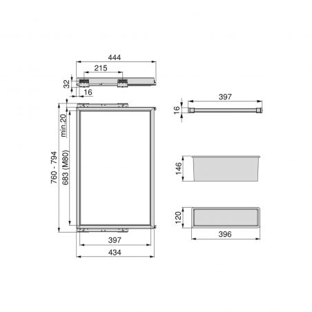 Kit porte pantalons 7 tringles sur coulisses avec 1 bac de rangement pour caisson de 800mm, Gris