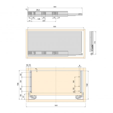 Tiroir Vertex 40 kg hauteur 178 mm, profondeur 500 mm avec panneaux inclus pour caisson de 600 mm, Anthracite