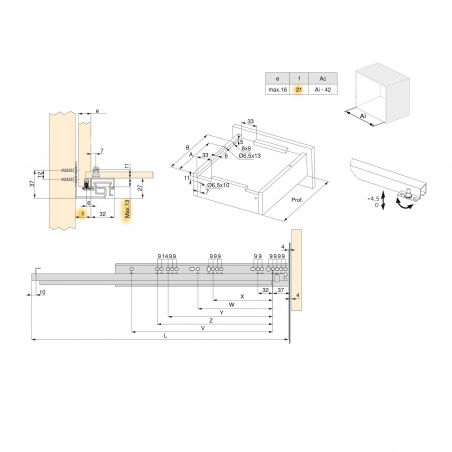 Coulisses invisibles Silver, profondeur 450mm, sortie totale, avec push to open