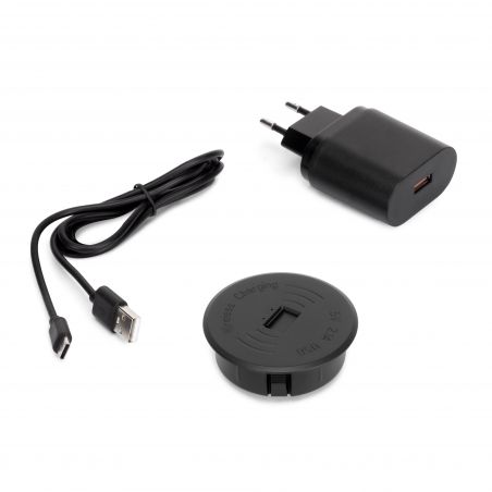 Chargeur sans fil Airtop 2 en surface pour mobile avec USB-A, Ø60mm, 5V DC / 2.1A (USB-10W/Qi-10W), Noir