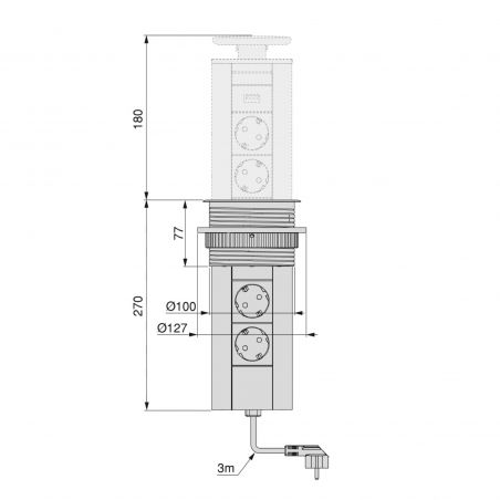 Multiconnecteur escamotable Ø 102 mm, 2 prises + 1 USB, Anodisé mat