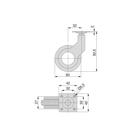 Lot de 4 roulettes Hole 2 avec platine de montage, Ø 60 mm, Noir