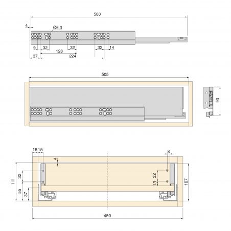 Tiroir Vertex 40 kg hauteur 93 mm, profondeur 500 mm avec panneaux inclus pour caisson de 450 mm, Blanc