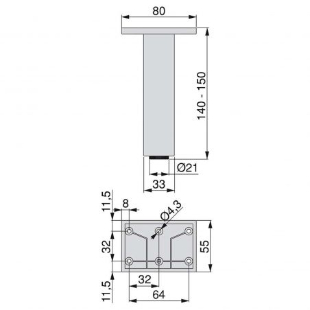 Lot de 2 pied pour meuble, hauteur 140 - 150 mm, Chromé