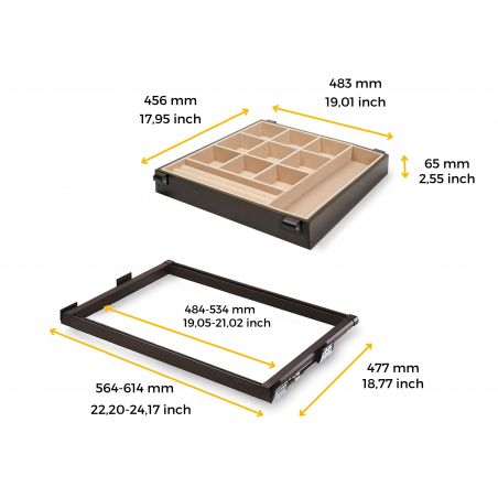 Kit tiroir organisateur et cadre coulissant pour caisson de 600 mm, Moka