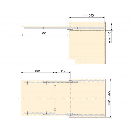 Coulisses Cocktail Reverse H35 pour table escamotable, Inox brossé