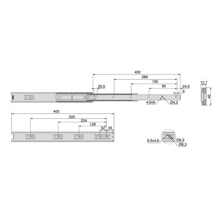 Jeu de coulisses à sortie totale, hauteur 45mm, longueur 400mm, Zingué