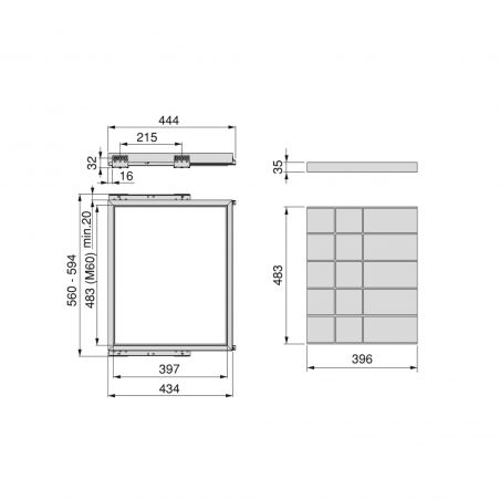 Kit de tiroir d'organisation avec amortisseur pour caisson de 600 mm, Noir