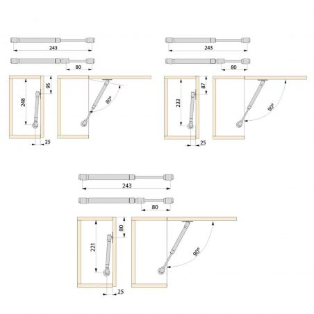 Lot de 10 pistons de porte relevable, force 11kg, course 80mm, Aluminium