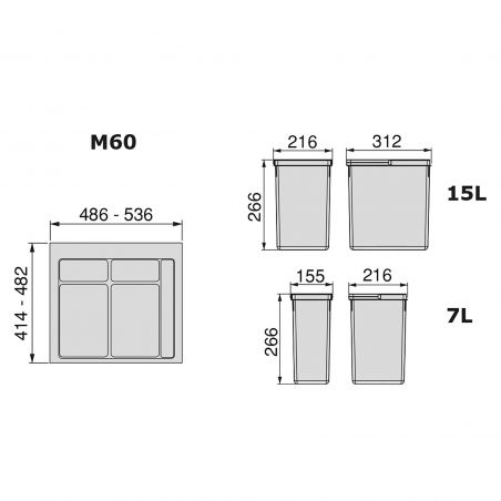 Kit poubelle Recycle avec base 29L 3 bacs pour caisson de 600 mm