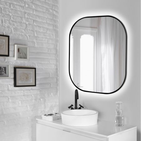 Miroir Cepheus avec éclairage décoratif à LED et cadre noir arrondi, 600 x 800 mm, AC 230V 50Hz, 12 W