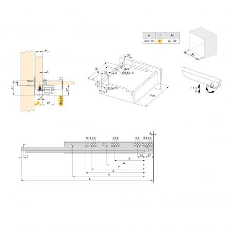 Jeu de coulisses invisibles Silver avec fermeture souple, profondeur 550mm, Zingué