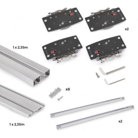 Kit de ferrures Flow2 pour placard 2 portes coulissantes avec rails de surface 2,35m, panneaux non inclus, Anodisé mat