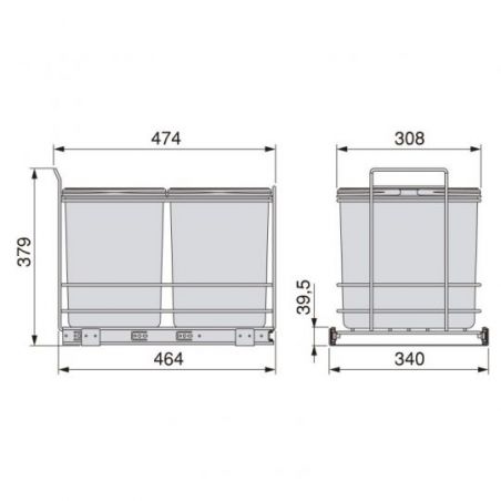 Poubelle de recyclage 2 bacs de 16 L, fixation par le bas et extraction manuelle, Gris anthracite