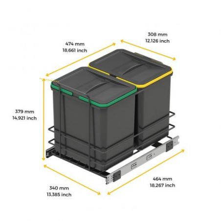 Poubelle de recyclage 2 bacs de 16 L, fixation par le bas et extraction manuelle, Gris anthracite