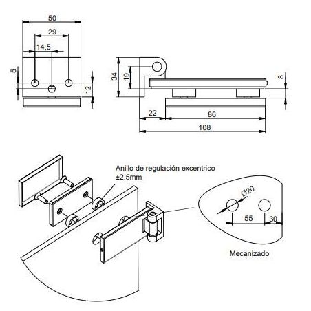 Charnière 34 mm pour porte en verre avec garniture en acier inoxydable, pour porte de 8-12mm, acier inoxydable