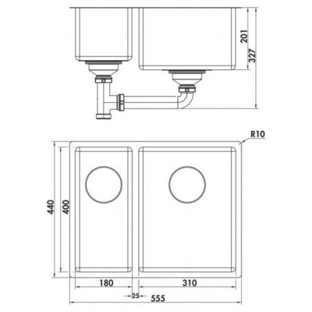 Corno Piu PFU11, Evier encastrable bac à droite, acier inox